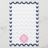Blauw Chevron Ikat Monogrammed Papier (Voorkant)