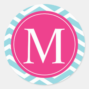 Blauw Chevron Pink Monogram Ronde Sticker
