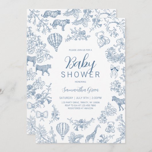 Blauw Chinees safari babyfeestje Kaart (Voorkant / Achterkant)