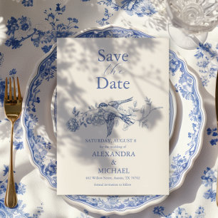 Blauw Chinoiserie Bloem Botanische Bruiloft Save The Date