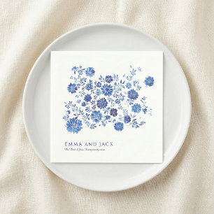 Blauw Chinoiserie Bloem Huwelijksnamen en datum Servet