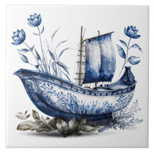Blauw Chinoiserie Bloemenscheepsboot Tegeltje