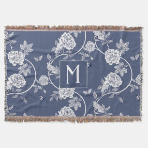 Blauw Chinoiserie Floral Monogram Deken