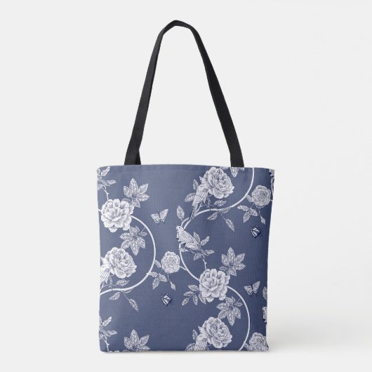 Blauw Chinoiserie Floral Monogram Draagtas (Achterkant)