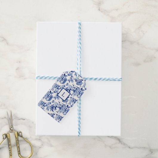 Blauw Chinoiserie Monogram Cadeaulabel (Met Touw)