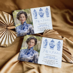 Blauw Chinoiserie Porselein 50e verjaardag Foto Kaart