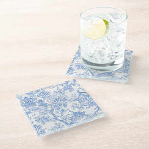 Blauw Chinoiserie Toile Draak Kersenbloesem Glazen Onderzetter