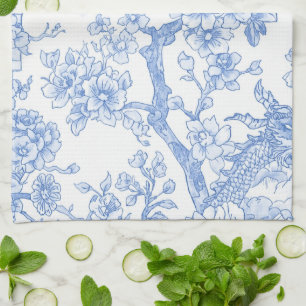 Blauw Chinoiserie Toile Draak Kersenbloesem Theedoek