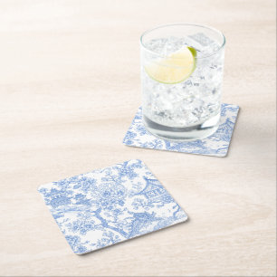 Blauw Chinoiserie Toile Draak Kersenbloesem Vierkante Kartonnen Onderzetter