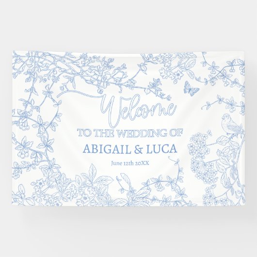 Blauw Chinoiserie Toile Jouy Trouw Welkomstbord Spandoek (Horizontaal)