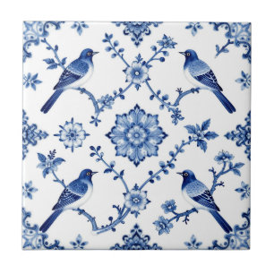 Blauw Chinoiserie Vogel Bloempatroon Tegeltje