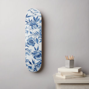 Blauw Chinoiserie Waterverf Bloem Botanisch Skateboard