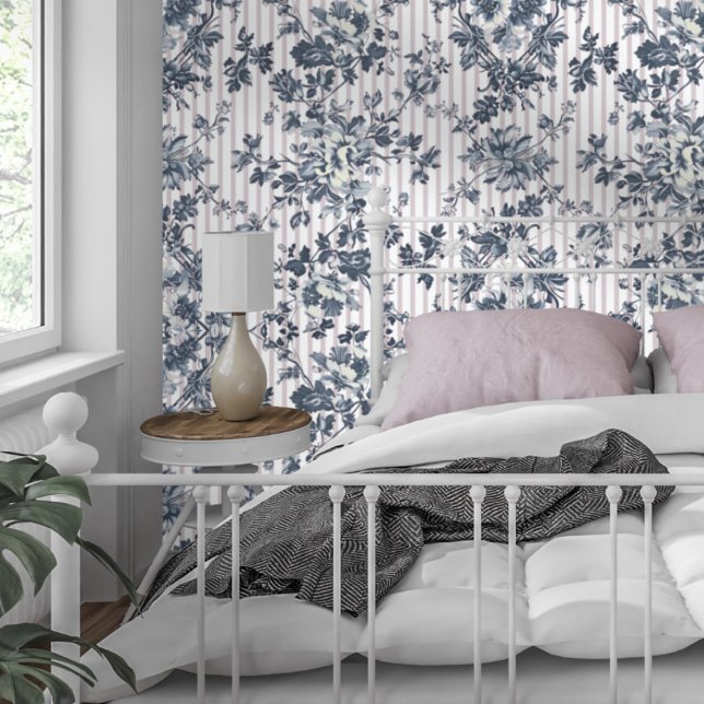  blauw chintz en streepjespatroon behang (Creator heeft geüpload)