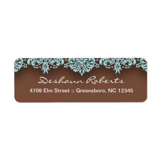 Blauw & Chocolade Damask Adreslabel Etiket