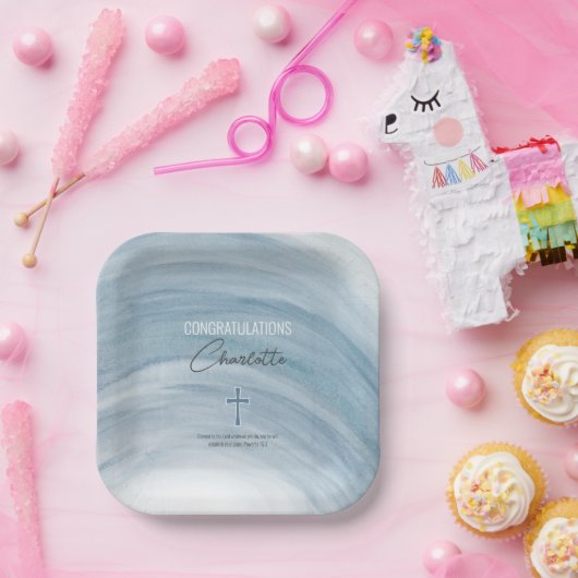 Blauw Christelijk kruisje Afstuderen Papieren Bordje (Feest)