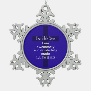 Blauw christelijke bevestiging en aanmoediging tin sneeuwvlok ornament