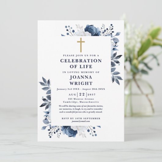 Blauw Christelijke viering van het leven begrafeni Kaart (Staand voorkant)