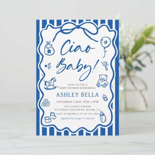 Blauw Ciao Baby grillig Italiaans Baby shower Kaart (Staand voorkant)