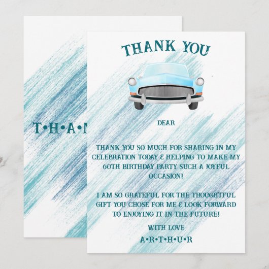 Blauw Classic Retro Auto  Aquarel Bedankkaart (Voorkant / Achterkant)