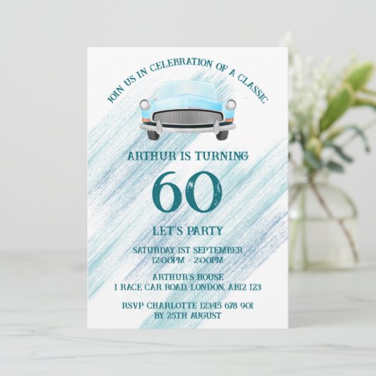 Blauw Classic Retro Auto Aquarel Kaart (Staand voorkant)