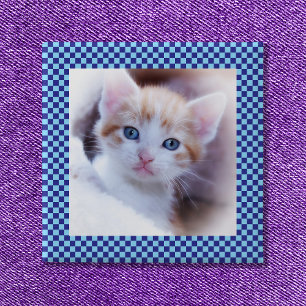 Blauw Controleer Familie Huisdier Foto Rand Vierkante Button 5,1 Cm