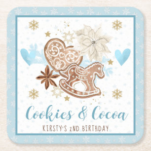 Blauw Cookies & Cocoa 2de Verjaardagsfeestje Vierkante Kartonnen Onderzetter