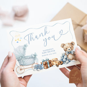 Blauw Coquette Koets Baby Shower Bedankkaart Informatiekaartje