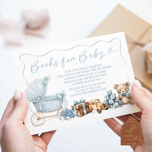 Blauw Coquette Koets Baby Shower Boeken voor Baby Informatiekaartje