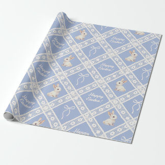 Blauw Coquette Konijn Kantpatroon Inpakpapier