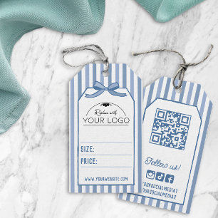 Blauw Coquette Strepen & Strik Handgetekend Uw Log Cadeaulabel