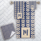 Blauw Cream Blad Patroon Monogram Bad Handdoek