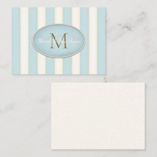 Blauw & Cream Stripes Brons Monogram Custom Notitiekaartje (Voorkant / Achterkant)