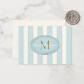 Blauw & Cream Stripes Brons Monogram Custom Notitiekaartje (Voorkant / Achterkant in situ)