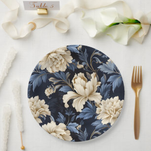 Blauw & Crème Bloemige Pioenroos Papieren Bordje