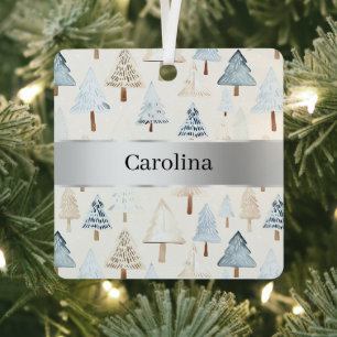 Blauw Crème Bomen Zilver Lint Kerst Metalen Ornament