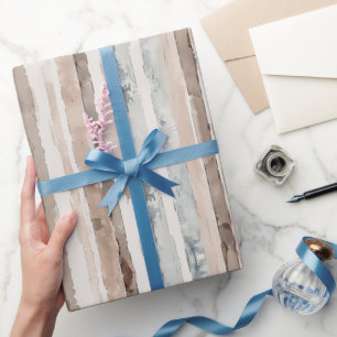 Blauw Crème Bruine Strepen Verjaardag Cadeaupapier