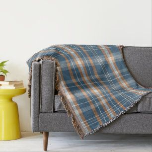 Blauw, crème en sinaasappel plaid ontwerp deken