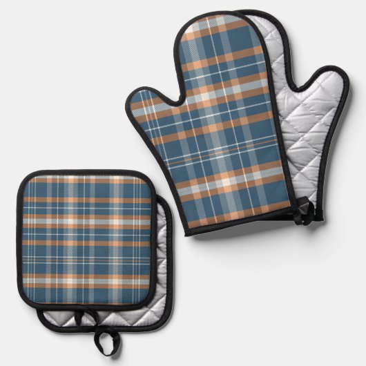 Blauw, crème en sinaasappel plaid ontwerp ovenwant & pannenlap set (Voorkant / Achterkant)
