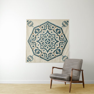 Blauw & Crème Geometrisch Patroon Tapestry Wandkleed