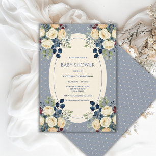 Blauw & Crème Stippen Bloemrijke Elegante Baby Sho Kaart