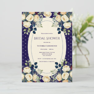 Blauw & Crème Stippen Bloemrijke Elegante Bruidsui Kaart