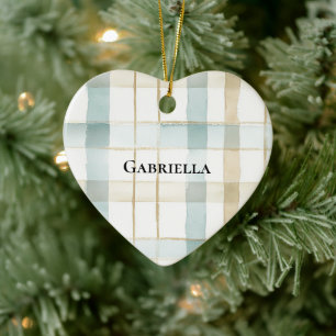 Blauw Crème Wit Geruit Strepen Kerst Keramisch Ornament