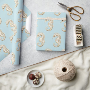 Blauw Crème Zeepaarden Oceaan Strand Verjaardag Cadeaupapier