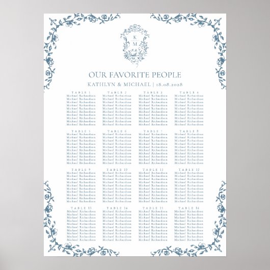 Blauw  Crest Bruiloft 16 Tafel Zitkaart Poster (Voorkant)