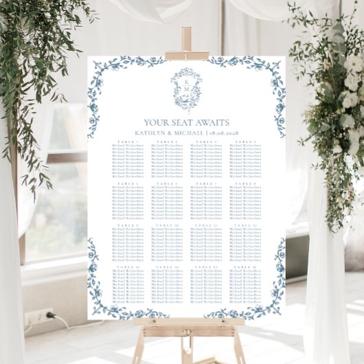 Blauw Crest Bruiloft 16 Tafel Zitkaart Poster