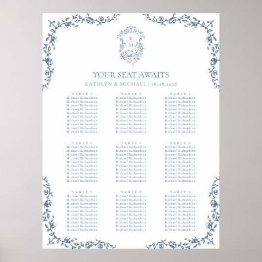 Blauw  Crest Bruiloft 9 Tafel Zitgrafiek Poster (Voorkant)