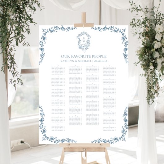 Blauw Crest Bruiloft Alfabetische Zitplaatsen Poster