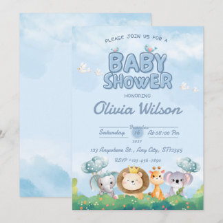 Blauw Cute Dieren Baby Shower Uitnodiging