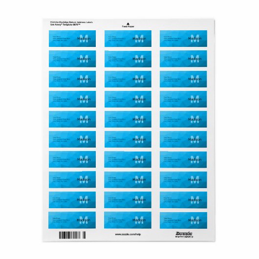 Blauw cyaan gradiënt geometrisch maaspatroon Monog Etiket (Full Sheet)