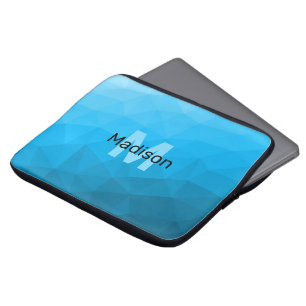 Blauw cyaan gradiënt geometrisch maaspatroon Monog Laptop Sleeve